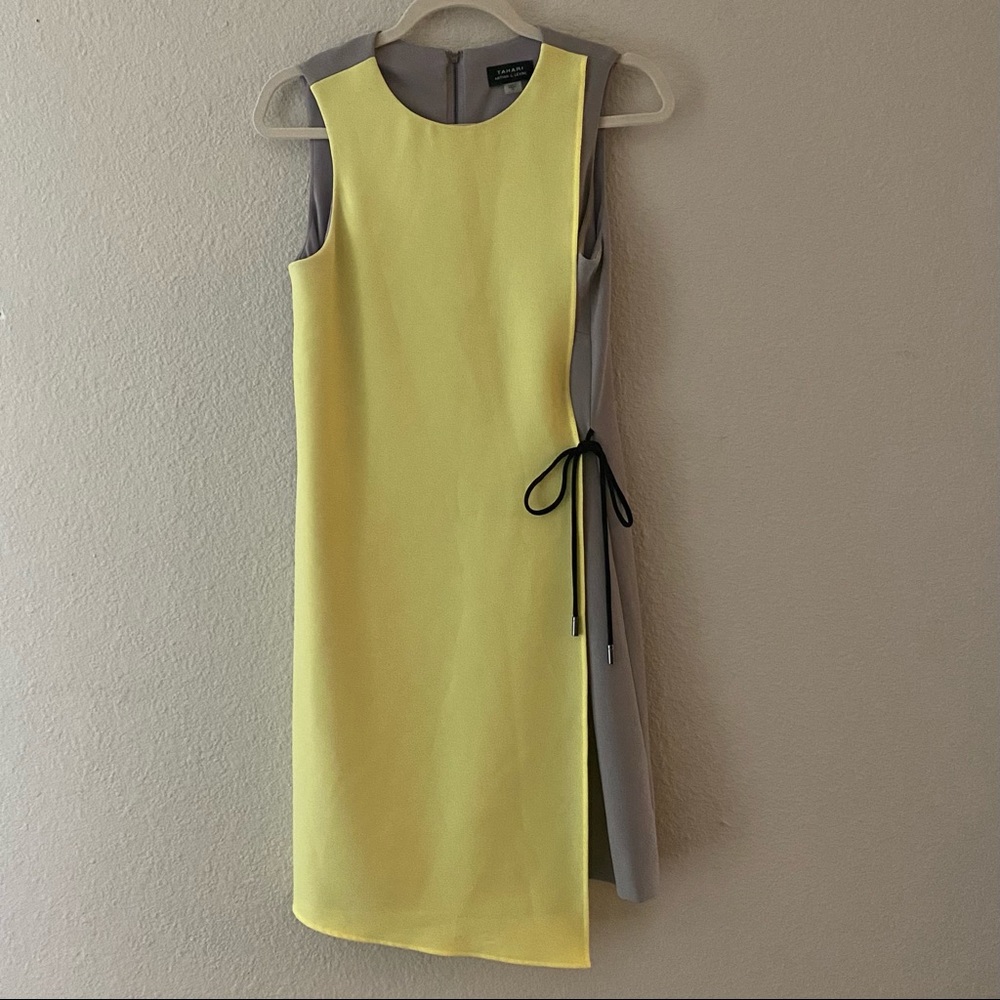 Tahari Dress Neon Light Yellow Black Tie 4